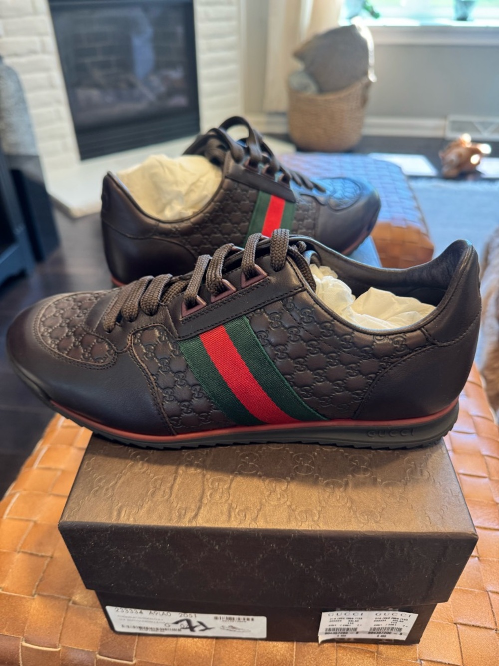 Gucci Brown Leather Sneakers with Signature Green-Red Web Men’s. New. 7.5